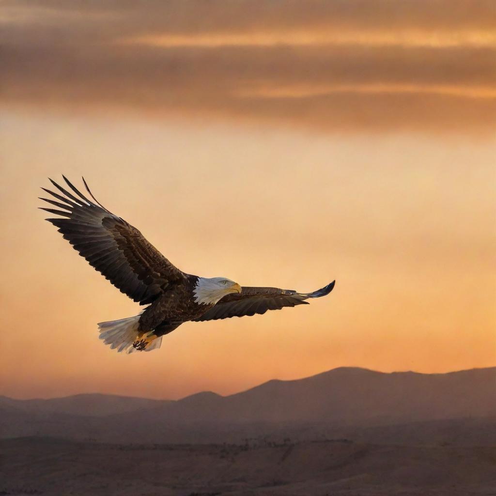 A majestic eagle soaring over the stunning landscapes of Tunisia, with a radiant sunset backdrop.