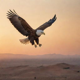 A majestic eagle soaring over the stunning landscapes of Tunisia, with a radiant sunset backdrop.