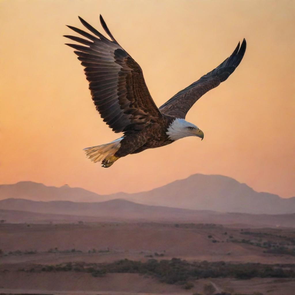 A majestic eagle soaring over the stunning landscapes of Tunisia, with a radiant sunset backdrop.