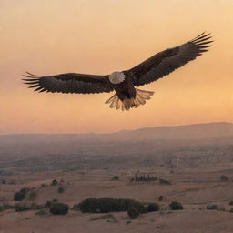 A majestic eagle soaring over the stunning landscapes of Tunisia, with a radiant sunset backdrop.