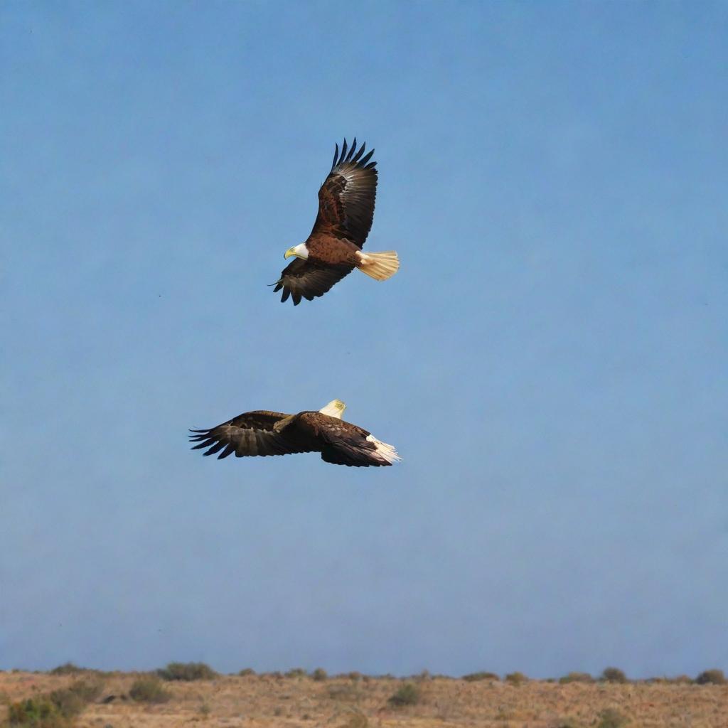 Graceful eagles flying over the diverse landscapes of Tunisia, against the backdrop of a bright, clear sky.