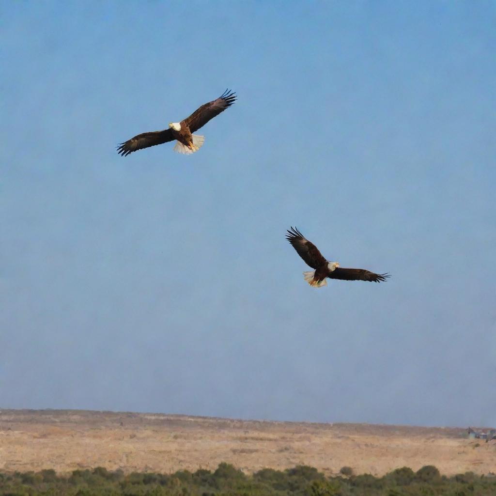 Graceful eagles flying over the diverse landscapes of Tunisia, against the backdrop of a bright, clear sky.