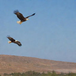 Graceful eagles flying over the diverse landscapes of Tunisia, against the backdrop of a bright, clear sky.