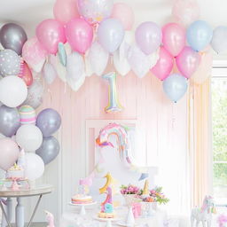 Living room transformed into a whimsical birthday party setup for a 1-year-old girl, with pastel balloons, a unicorn theme, and a birthday banner.