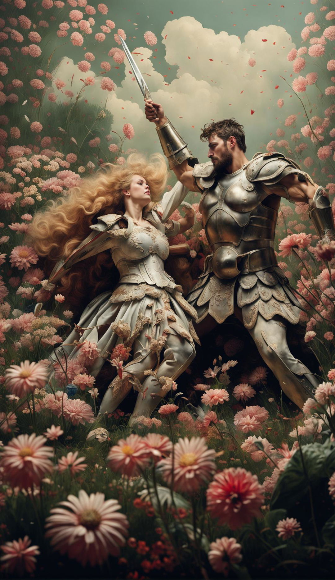 Unfiltered photograph of Achilles in gladiator attire standing victorious over a defeated Amazonian warrior queen in a pastel floral Rococo style landscape.