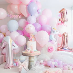 Living room transformed into a whimsical birthday party setup for a 1-year-old girl, with pastel balloons, a unicorn theme, and a birthday banner.