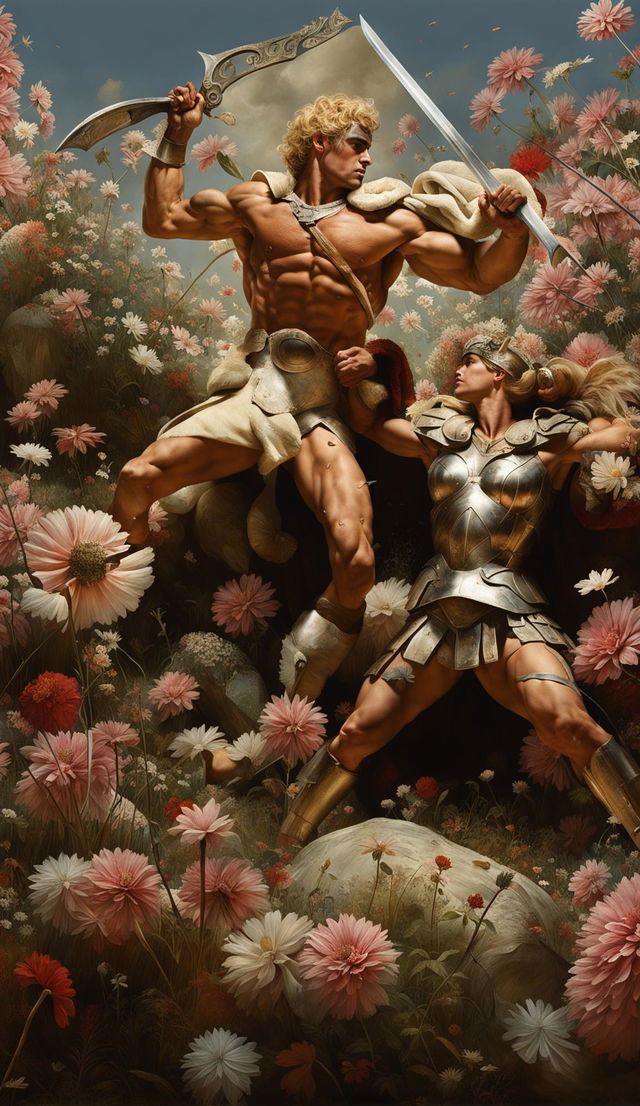 Unfiltered photograph of a muscular, blond Achilles in gladiator attire standing victorious over an athletic, brown-skinned Amazonian warrior queen in a pastel floral Rococo style landscape.