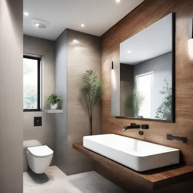 The modern bathroom design includes a wall-mounted wetting area with an elegant sink and mirror.