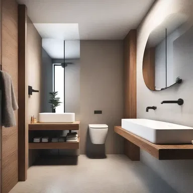 The modern bathroom design includes a wall-mounted wetting area with an elegant sink and mirror.