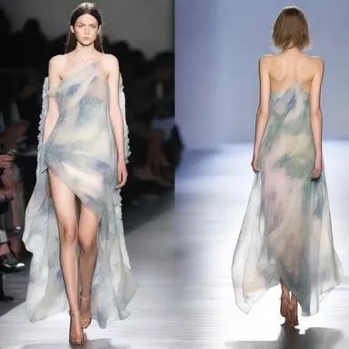 The fashion designer showcased a creative dress with a wetting-inspired print and fluid draping.