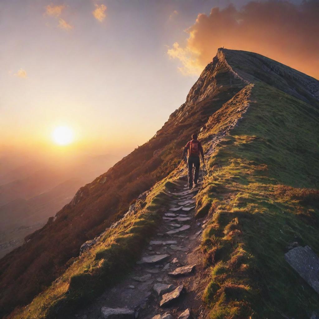 An inspirational image depicting the concept of motivation. A steep mountain path leading upwards towards a radiant sunrise, with a figure struggling yet progressing towards the peak.