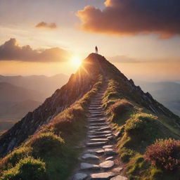 An inspirational image depicting the concept of motivation. A steep mountain path leading upwards towards a radiant sunrise, with a figure struggling yet progressing towards the peak.