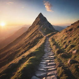 An inspirational image depicting the concept of motivation. A steep mountain path leading upwards towards a radiant sunrise, with a figure struggling yet progressing towards the peak.