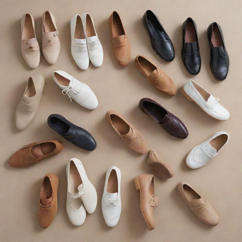 A stylish collection of footwear including a ballet flat, an Oxford shoe, a loafer, a Chelsea boot, a white sneaker, a Mary Jane, a brogue, a driving moccasin, a slingback pump, and a desert boot, arranged compellingly.