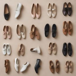 A stylish collection of footwear including a ballet flat, an Oxford shoe, a loafer, a Chelsea boot, a white sneaker, a Mary Jane, a brogue, a driving moccasin, a slingback pump, and a desert boot, arranged compellingly.