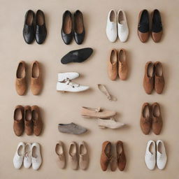 A stylish collection of footwear including a ballet flat, an Oxford shoe, a loafer, a Chelsea boot, a white sneaker, a Mary Jane, a brogue, a driving moccasin, a slingback pump, and a desert boot, arranged compellingly.