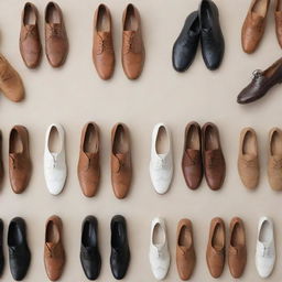 A stylish collection of footwear including a ballet flat, an Oxford shoe, a loafer, a Chelsea boot, a white sneaker, a Mary Jane, a brogue, a driving moccasin, a slingback pump, and a desert boot, arranged compellingly.