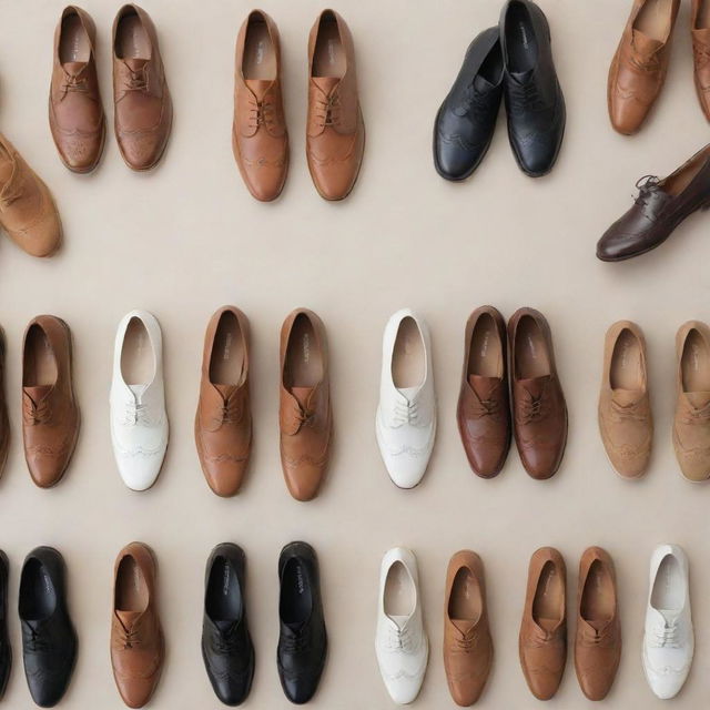 A stylish collection of footwear including a ballet flat, an Oxford shoe, a loafer, a Chelsea boot, a white sneaker, a Mary Jane, a brogue, a driving moccasin, a slingback pump, and a desert boot, arranged compellingly.