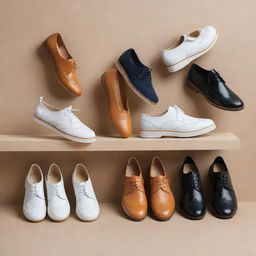 An assortment of trendy shoes: ballet flat, Oxford shoe, loafer, Chelsea boot, white sneaker, Mary Jane, brogue, driving moccasin, slingback pump, and desert boot, artistically displayed.