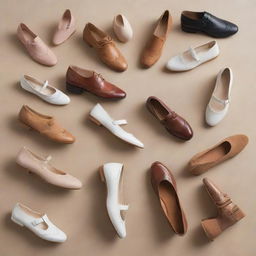 An assortment of trendy shoes: ballet flat, Oxford shoe, loafer, Chelsea boot, white sneaker, Mary Jane, brogue, driving moccasin, slingback pump, and desert boot, artistically displayed.