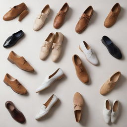 An assortment of trendy shoes: ballet flat, Oxford shoe, loafer, Chelsea boot, white sneaker, Mary Jane, brogue, driving moccasin, slingback pump, and desert boot, artistically displayed.