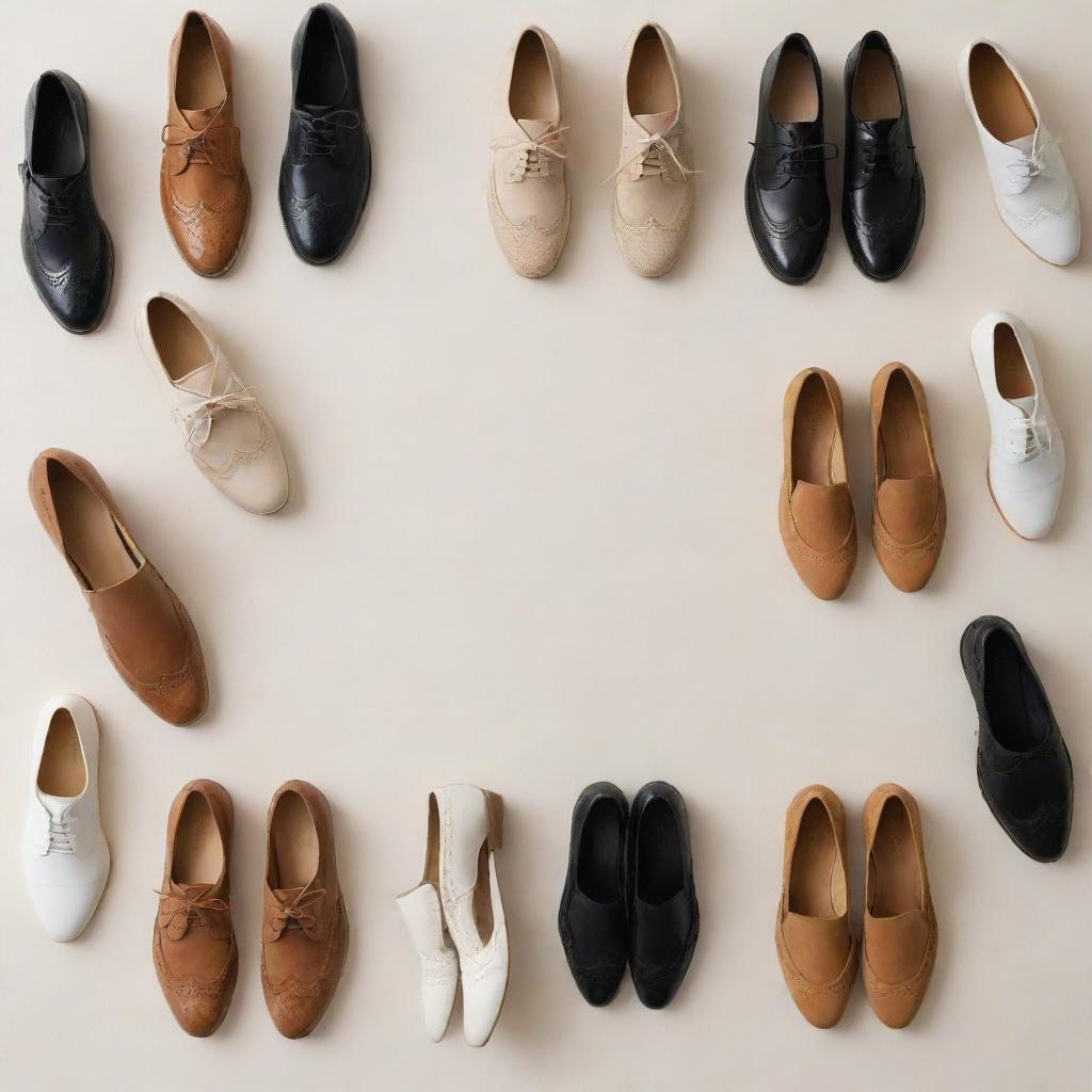 An assortment of trendy shoes: ballet flat, Oxford shoe, loafer, Chelsea boot, white sneaker, Mary Jane, brogue, driving moccasin, slingback pump, and desert boot, artistically displayed.