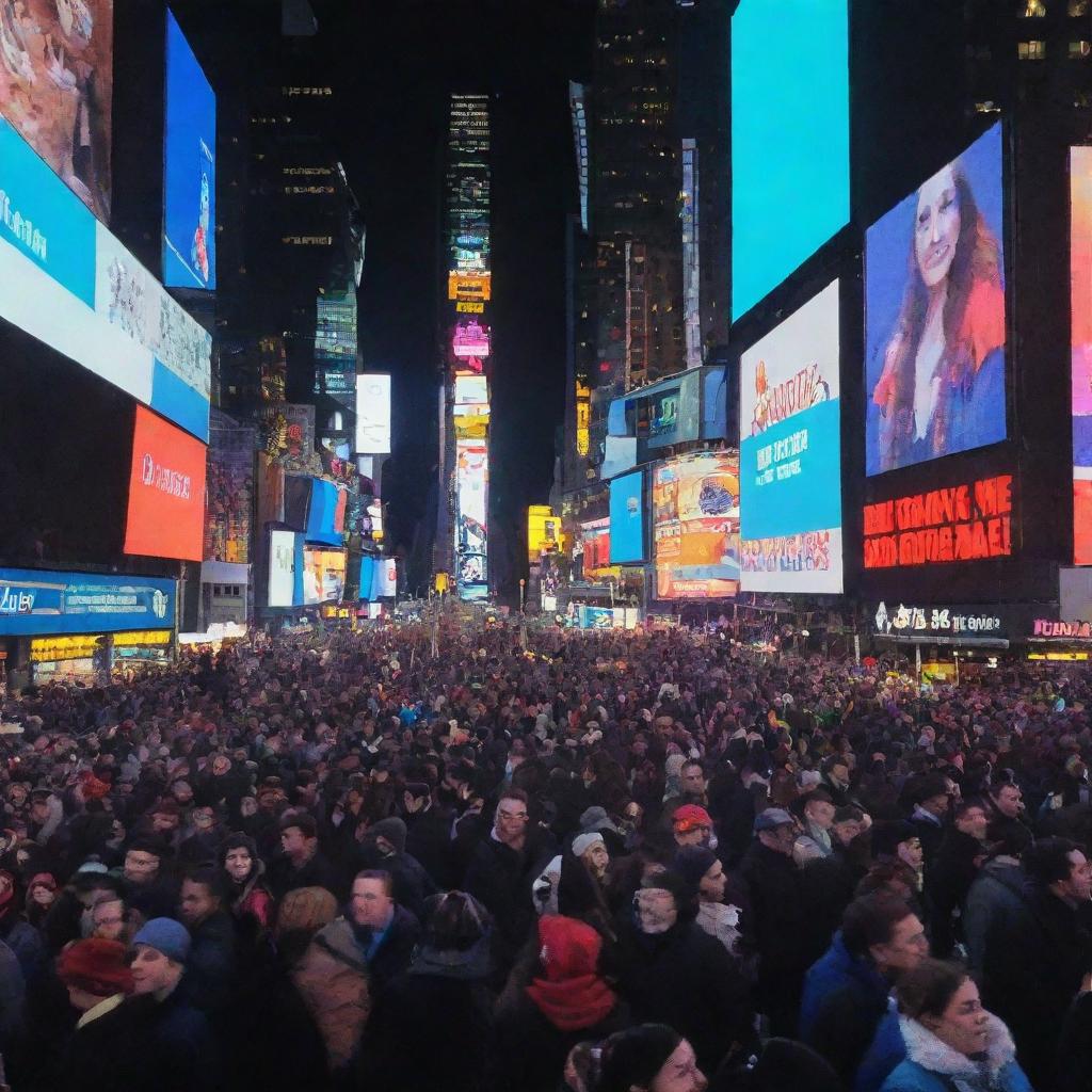 Times Square on December 31st, 2015: a bustling place bursting with energy, people waiting eagerly to welcome the new year, gleaning digital screens displaying after-midnight countdown, and vibrant neon lights painting the cityscape.