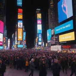 Times Square on December 31st, 2015: a bustling place bursting with energy, people waiting eagerly to welcome the new year, gleaning digital screens displaying after-midnight countdown, and vibrant neon lights painting the cityscape.