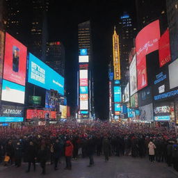 Times Square on December 31st, 2015: a bustling place bursting with energy, people waiting eagerly to welcome the new year, gleaning digital screens displaying after-midnight countdown, and vibrant neon lights painting the cityscape.