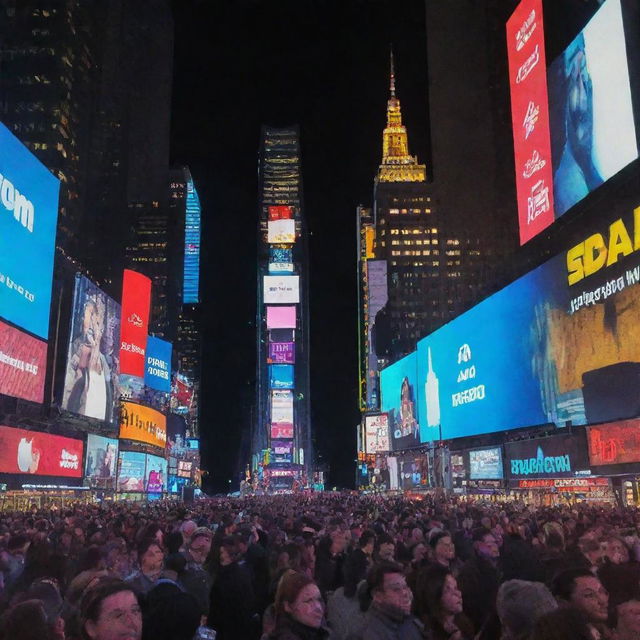 Times Square on December 31st, 2015: a bustling place bursting with energy, people waiting eagerly to welcome the new year, gleaning digital screens displaying after-midnight countdown, and vibrant neon lights painting the cityscape.