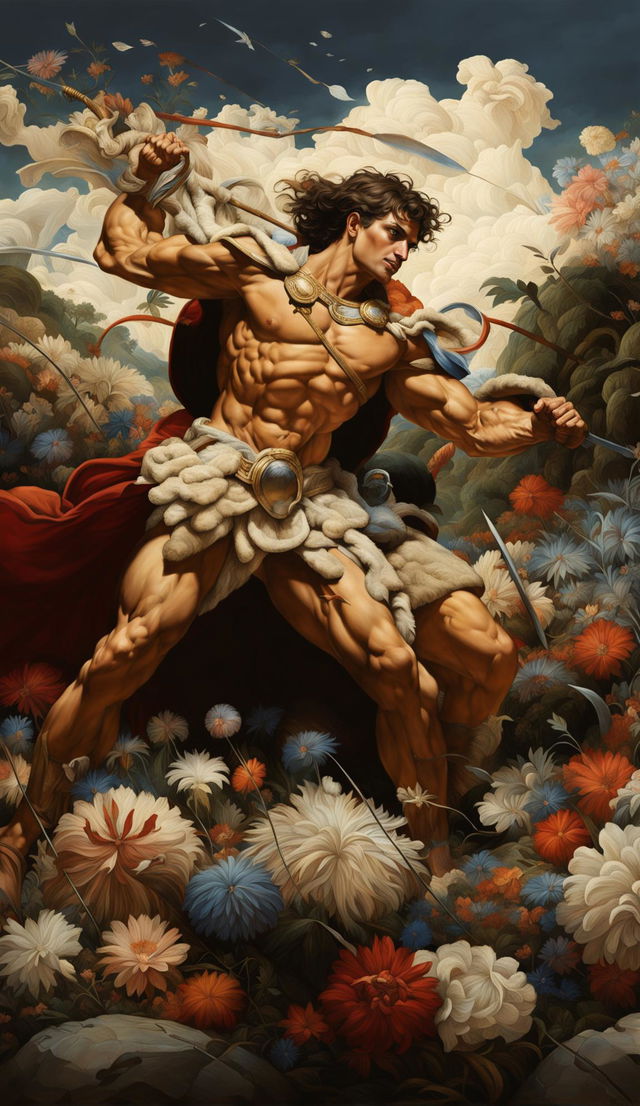 A Rococo style scene of a muscular, blond Achilles in gladiator attire standing victorious over an athletic, brown-skinned, dark-haired Amazonian warrior queen amidst a pastel floral landscape.