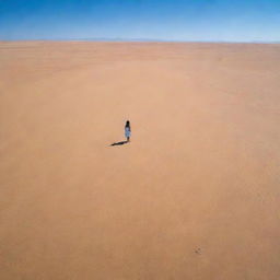 A girl standing alone in the vast expanse of a sandy desert under a bright blue sky