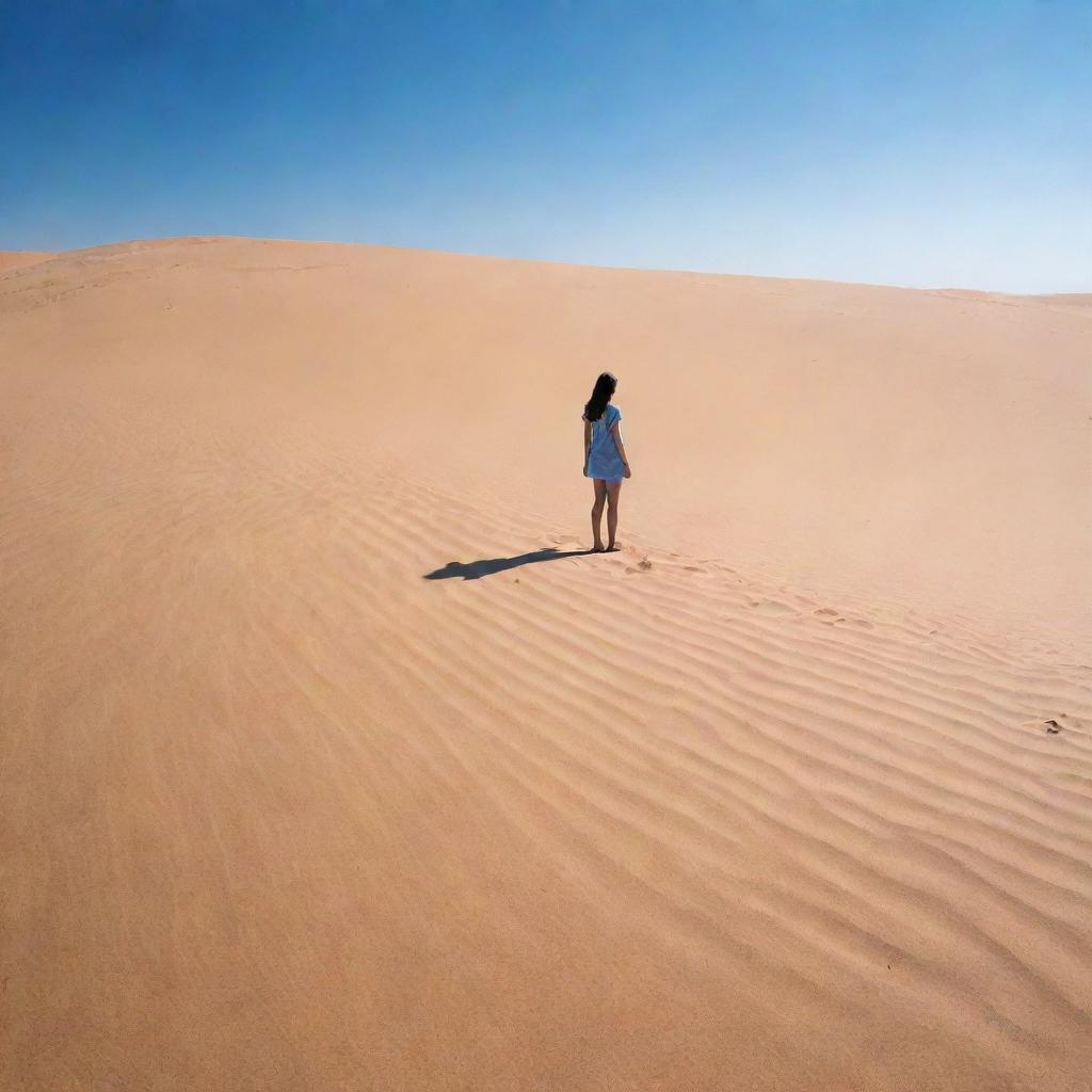 A girl standing alone in the vast expanse of a sandy desert under a bright blue sky