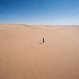 A girl standing alone in the vast expanse of a sandy desert under a bright blue sky