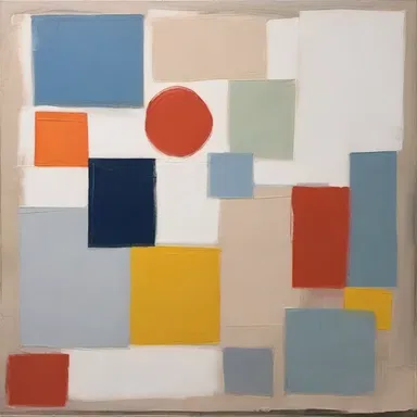 The minimalist painting underplays the use of color and detail, relying instead on simple forms and textures.