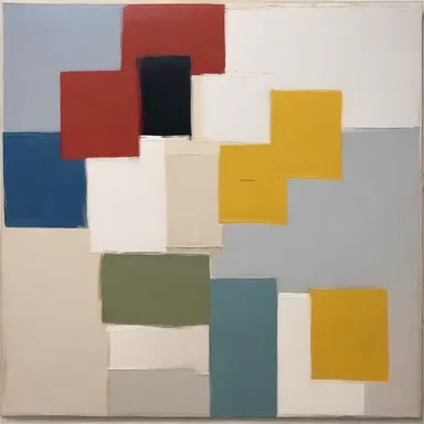 The minimalist painting underplays the use of color and detail, relying instead on simple forms and textures.