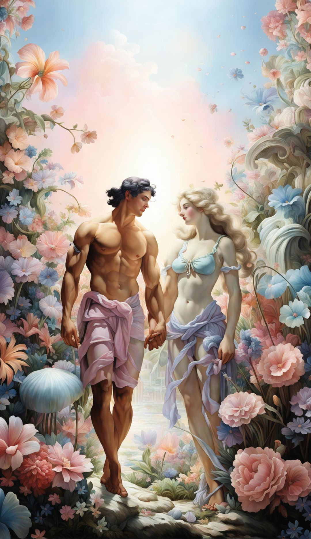 A Rococo-style painting in pastel hues depicting Adam and Eve in a lush, flower-filled Garden of Eden.