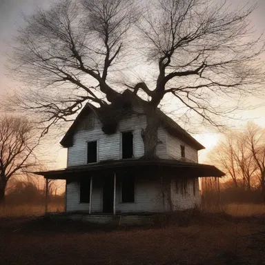As the sun set, the sapling's twisted branches cast eerie shadows on the abandoned house, filling the air with an unsettling aura.