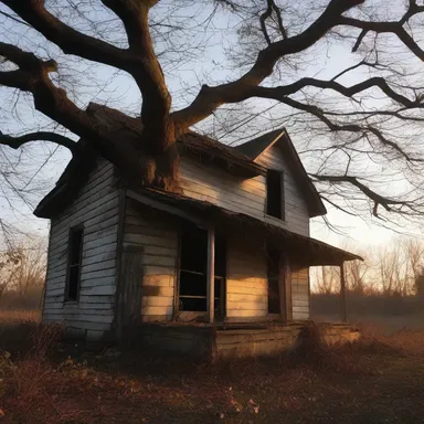 As the sun set, the sapling's twisted branches cast eerie shadows on the abandoned house, filling the air with an unsettling aura.