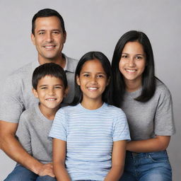 A portrait of a family of five: a 41 year old father, a 36 year old mother, a bulky 12 year old son, a smart 7 year old daughter with medium length black hair, and a 1 year old daughter with small hair and six teeth.