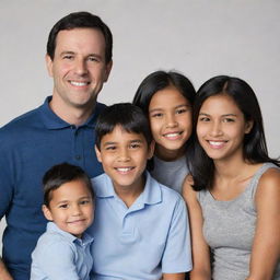 A portrait of a family of five: a 41 year old father, a 36 year old mother, a bulky 12 year old son, a smart 7 year old daughter with medium length black hair, and a 1 year old daughter with small hair and six teeth.