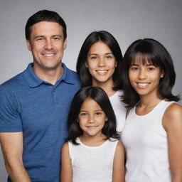 A portrait of a family of five: a 41 year old father, a 36 year old mother, a bulky 12 year old son, a smart 7 year old daughter with medium length black hair, and a 1 year old daughter with small hair and six teeth.