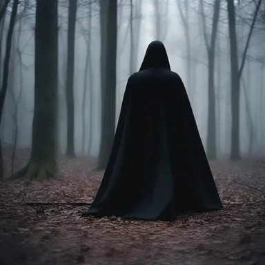 In the horror movie, the mysterious figure wore a black cape that added to the suspense and fear.