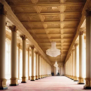 The grand ballroom of the palace featured stunning architectural details, including elegant capes that adorned the columns.