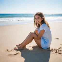 A girl sitting on a sun-kissed beach, the sand sparkling under the bright summer sun, with clear blue waves gently rolling in the background