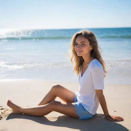 A girl sitting on a sun-kissed beach, the sand sparkling under the bright summer sun, with clear blue waves gently rolling in the background