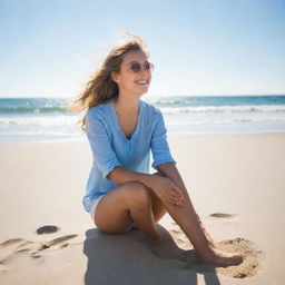 A girl sitting on a sun-kissed beach, the sand sparkling under the bright summer sun, with clear blue waves gently rolling in the background