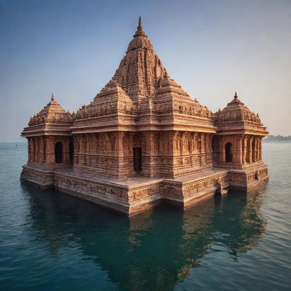 A stunning image of the Ram Mandir (Hindu temple), composed of intricate and beautiful architecture, set in the heart of a vast, peaceful ocean.