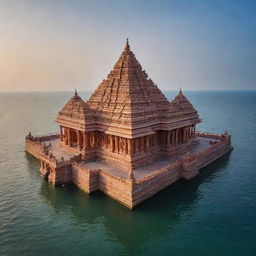 A stunning image of the Ram Mandir (Hindu temple), composed of intricate and beautiful architecture, set in the heart of a vast, peaceful ocean.