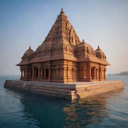 A stunning image of the Ram Mandir (Hindu temple), composed of intricate and beautiful architecture, set in the heart of a vast, peaceful ocean.